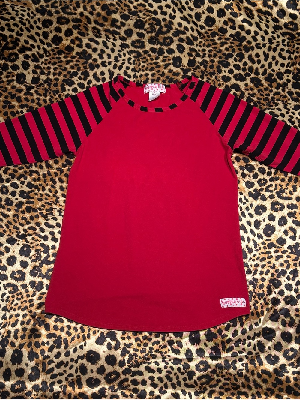 Ruffle Girl Red & Black Striped 3/4 Sleeve Top